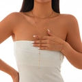 Golden Y-shaped fringe necklace and ring bracelet set with metallic bead accents - Gold Necklace And Bracelet (5316)