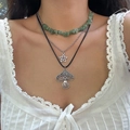 Bohemian meerlaagse ketting met groene turkoois kralen, sterhanger en paddenstoel - Drielaagse Ster Maan Paddenstoel Stijl (5380) / Witgoud