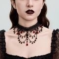 Gothic black lace choker necklace with red crystal beads and cross tassel fringe style - Black Lace Red Bead Style (6575)