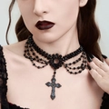 Gothic multi-layer beaded choker necklace with a black cross pendant for women - All Bead Cross Style (6579)