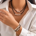Minimalist double-layer necklace and bracelet set with silver curved tube charms - Necklace And Bracelet (5537)
