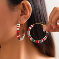 Macro view of Christmas hoop earrings with red green white clay beads on gold metal - Red White Green Santa Style (3423-K6)