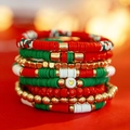 Ensemble de bracelets de Noël en perles d'argile avec accents dorés et breloque cœur - Ensemble de Noël Multicolore (5562)