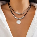 Double-layered black cord necklace with silver beads and smooth round metal pendant - Round Bead Tag Layered Necklace (6840K1)