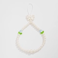 Detail of beaded phone strap with white pearls, cream bow, and colorful flower accents - White And Blue (0062k4)