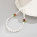 Handmade phone charm with white faux pearls and red tulip flower acrylic beads - White And Red (0062k1)