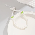 White faux pearl phone charm strap with resin bow and tulip bead accents - White And Pink (0062k2)