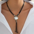 Ethnic bohemian silver metal oval pendant necklace with tassel on white shirt - Oval Spotted Pendant Layered Necklace (6883)
