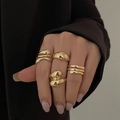 Ensemble de bagues goutte d'eau dorées modernes avec design en métal liquide poli - Style Spirale Double Boule Fluide / Or clair