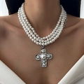 Three-layer pearl necklace featuring a large vintage cross pendant with hammered texture - Four-Layer Pearl Cross Style (6986) / Silver