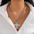 Boho silver cross necklace with pearl inlays and chunky toggle clasp chain - Silver Pearl Cross Style (6982)