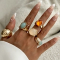 Chic gold-plated ring set with acrylic stones on a hand with French manicure - Irregular Gemstone Inlaid Style (6503701HB) / Five-Piece Set / Gold