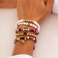 Stack of 5 burgundy and gold beaded bracelets with Game Day letters and rugby charms - 04 Multicolor Set (5815)