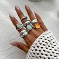 Bohemian silver alloy ring set with green and orange acrylic stones on hands - Ring Set / Silver (6297)