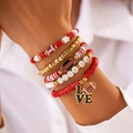 Set of four red and white beaded bracelets featuring rugby pendants and hook'em letters - 01 Multicolor Set (5812)