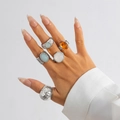 Five-piece silver alloy boho ring set with turquoise and amber resin stones on hand - Ring Set / Silver (5803E1)