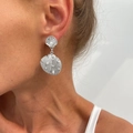 Detail of silver shell earrings with pearls on model showing texture and scale - Shell Pearl Drop (3548) / Gold