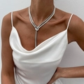 Silver snake bone chain necklace featuring a unique knotted Y-shape design on silk dress - Double Layer Knotted Style (7079) / Silver (7079)