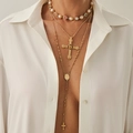 Drielagige vintage gouden kettingset met kruishangers, gekleurde edelstenen en parels - Goud Stijl 6609