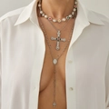 Drielagige ketting set met kruis, parels, gekleurde edelstenen en crucifix hangers - Zilver Stijl 6609