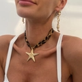 Detail of leopard print ribbon choker with gold starfish pendant and textured earrings - Starfish Style (7102)