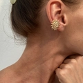 Vintage golden sun earrings with relief face design worn by a model in a close-up - Sun Face Style / Gold (1PC)