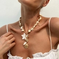 Bohemian ocean necklace set with white seashell beads and gold conch shell pendants - Gold Necklace (7143)