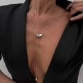 Detail of silver Y-shaped snake chain necklace with fluid metal slide and teardrop pendant - Irregular Slide Style (7117) / Silver