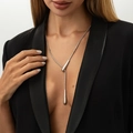 Silver lariat snake chain necklace with sleek teardrop pendants on a black blazer - Knot Double Teardrop Style (7480) / Silver