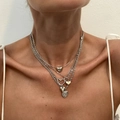 Silver layered heart necklace set featuring twisted chains and polished heart pendants - White K Heart Multilayer Set (6026)