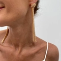 Long gold tassel drop earrings featuring a woven metallic knot and dangling chain fringe - Gold Earrings (3568)