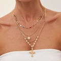 Ensemble de colliers superposés dorés avec pendentif croix et cristaux colorés - Gold (6157)