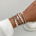 Hip-Hop Armband Set mit Silberperlen und Perlenimitaten für Damen Mehrlagig - Silber Ton Perlenimitat Stil (6304)