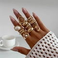 Gold bohemian ring set featuring irregular wave bands and faux pearl accents for women - Baroque Artificial Pearl Irregular Ring (6283) / 11-Piece Set / Light gold
