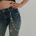 Detail of multilayered pants chain with pearls, colorful gems and silver cross pendant - Silver (Colorful Pendant 1728K2)