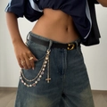 Three-layer punk hip-hop pants chain with colorful gems, pearls, and gold rings set - Gold (Heart Pendant 1749)