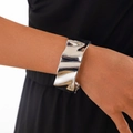 Polished silver wave texture wide cuff bracelet with a liquid metal effect design - Wavy Wide Cuff Bangle (2750) / 02 Silver