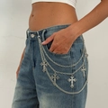 Triple-layered punk waist chain featuring intricate cross pendants and silver alloy tassels - Three Layer Vintage Relief Cross Style (1982)