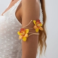 Golden arm cuff bracelet featuring two gradient plumeria flowers on a lace-clad arm - 03 Gold+Orange Arm Cuff (0398K2)