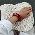 Fashionable red resin chunky bangle bracelet styled with white crochet bag and shirt - Elastic Beaded Bracelet / Dark Coffee (2252)