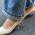 Detail of gold star safety pin brooch with multi-layer chains on denim jeans - Gold Heart Pearl Tassel Style (0320)