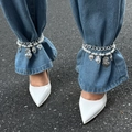 Retro punk layered anklet with silver Cuban chain, pearls and heart charms on jeans - Embossed Heart Style (6480) / Two-Piece Set / Silver