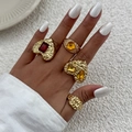 Lava-Struktur Goldringe Set mit leuchtend roten und gelben Edelsteinen an der Hand - Vintage Übertriebener Gehämmerter Edelsteinring (6569)