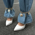 Golden chain anklet featuring heart pendants worn with blue jeans and white heels - Sunburst Heart Style (0915) / Single Piece / Gold