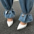 Silver multi-layer pants chain with heart and cross pendants over denim jeans - Sunburst Heart Style (0915) / Single Piece / Silver