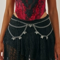 Gothic silver layered body chain with spider web pendants and bat charms on black dress - Bat Pendant Multi-layer Style (1925K1)