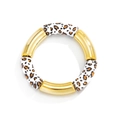 Detalle de tubos metálicos dorados y segmentos de resina de leopardo en pulsera elástica - Dorado + Leopardo Blanco