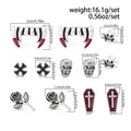 Detailed dimensions of Gothic earring set featuring skulls, crosses and coffins - Antique Silver Style (6726)