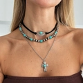 Detail of bohemian layered necklace set with turquoise beads and a silver cross pendant - Double Layer Cross Style (6722)