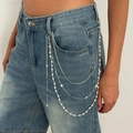 Multi-layer waist chain with star pendants and faux pearls on denim jeans - 0082 Style / White Gold